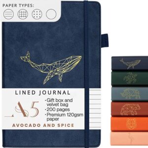 A5 Notebook Travel Journal by Avocado and Spice® Notepad with Gift Box & Velvet Bag - Hardback Daily Planner - A5 Lined Notebook with Bookmark, Elastic Strap, Pen Holder, 200 Pages (Blue, Lined)