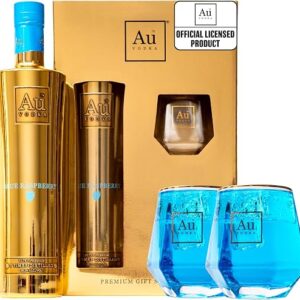 Au Vodka Gift Set - Blue Raspberry Flavoured Vodka 70 cl & 2 x Diamond Cut Gold Glasses - Official Licensed - Birthday Gifts for Men and Women - Premium Alcohol Gift Set for Him & Her, Fathers Day