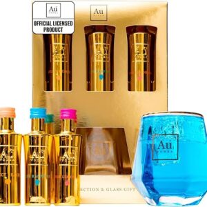 Au Vodka Gift Set - Blue Raspberry, Juicy Peach & Pink Lemonade Flavoured Vodka 5cl Mini & Diamond Cut Gold Glass - Official Licensed, Gifts for Men, Women, Birthday - Alcohol Gift Set, Fathers Day