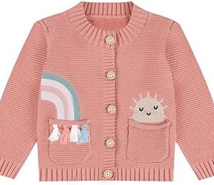Baby Girls Boys 100% Cotton Knit Cardigan Toddler Sweater Clothes Soft Breathable with Rainbow & Sun Embroidery 6M-3Y