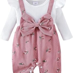 Baby Infant Girls Long Sleeve Romper Floral Print Patchwork Bow Fake Two Pieces Jumpsuits with Cute Headband 2Pcs Clothes Set
