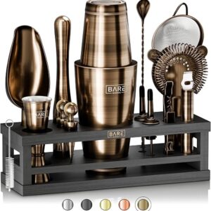 BARE BARREL® Cocktail Making Kit | 16-Piece Bartender Kit Cocktail Shaker Set Maker | Bamboo Display Stand & 35 Recipe Cards | Mixology Cocktail Gift Set (800ml/28oz Boston Shaker, Brass/Black)