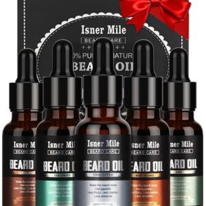 Beard Oil 5 Pack Set: Sandalwood, Cedarwood, Sage, Sweet Orange, Unscented, Mens Gifts for Beard Care, Moisturize, Soften, Strengthen, Christmas Stocking Fillers for Men Him Dad Husband Boyfriend