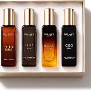 Bellavita Luxury Men's Gift Set with CEO Man, Klub, Oud & G.O.A.T. | Woody Citrus Spicy Aromatic Scent Profiles | Gift Set (4×20 ml) | Perfume Gift Set for Men | Gift for Father's Day