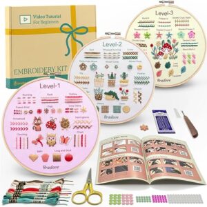 Bradove Hand Embroidery Kit for Beginners | Beginner Embroidery Kit with Threads Needles Scissor Fabrics Instruction Book Hoop Beads, Hobbies for Adults Women, Stitch