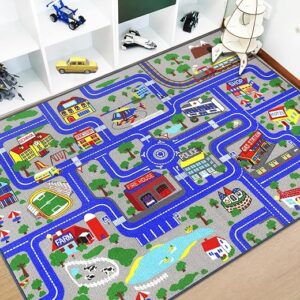 Capslpad Kids Play Rug Town City Road Car Mat 150x200cm Non-Slip Kid Carpet Playmat Machine Washable Exercise Mat Short Pile Learning Educational Area Rug for Kids Room Toddler Playroom Decor, Blue