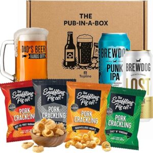 Crackling & Craft Beer Gift Set - Randomly Selected 4 Snaffling Pig Pork Cracklings, 2 x 440ml Ipa Lager Beers & Beer Tankard. Great Birthday Gifts for Men, Fathers Day (1 Hamper)