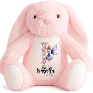 Crafted Memories - Personalised Bunny Rabbit Teddy | Velveteen Rabbit Soft Toy | Customisable Name for Newborns | Keepsake for Boys & Girls | Baby Shower Item | Water Colour Initial |, 20-23cm