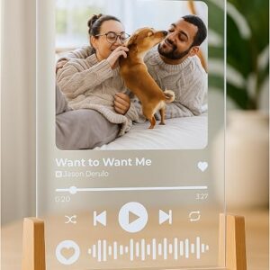Crafted Memories Personalised A5 Song Music Plaque with Photo Personalised Valentines Gifts for Men Women Boyfriend Girlfriend LED Acrylic Song Gift for Birthday - Lights Powered by USB - Scan to play