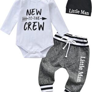 Derouetkia Newborn Baby Boy Clothes Letter Print New to The Crew Romper + Little Man Pants + Hat 3Pcs Outfit