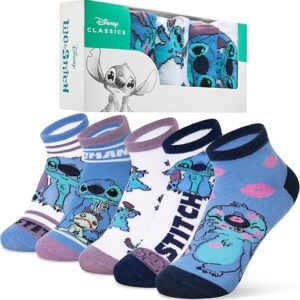 Disney Stitch Ankle Socks for Women & Teens UK Size 2.5-7.5, Pack of 5 Casual Ladies Socks, Soft & Breathable, Gifts for Her