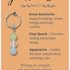 Ethlomoer Get Well Soon Keyring for Women Men, Healing Crystal Keychain with Wishing Card, Green Aventurine Clear Quartz Aquamarine Stone Charm for Illness Recovery Encouragement Gift