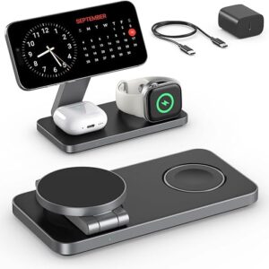 EXW 3 in 1 Magnetic Wireless Charging Station,Fast Wireless Charger for iphone 17/16/15/14/13/12,Charging Station for Apple Watch and AirPods(20W Adapter Included) Black