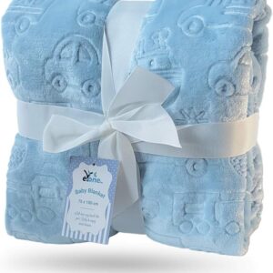 eYone Baby Blanket for Newborn, Soft Double Layer Embossed Fleece, 75 x 100 cm, OEKO-TEX Certified, Lightweight Warm for Pram, Cot & Pushchair, Blue Car Pattern