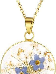 Forget-Me-Not and Queen Anne's Lace Pressed Wildflower Necklace | Birth Month Flowers Necklace | Gold/Silver Pressed Flower Jewelry | Mother's Day Thanksgiving Day Christmas | Gift For Her