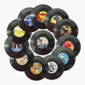 Funny Retro Vinyl Record Coasters, Creative Drink Coaster Set of 12 for Music Lovers, Housewarming Hostess Gifts, Birthday and White Elephant Gifts Ideas (12PC V03BM)