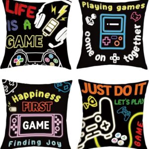 Gamer Room Video Game Throw Pillow Covers 45x45 cm Set of 4 Controller Gaming Cushion Covers Home Decor for Teen Boy Bedroom Playroom Couch Chair