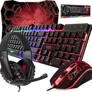Gaming Keyboard and Mouse and Mouse pad and Gaming Headset, Wired LED RGB Backlight Bundle for PC Gamers Users - 4 in 1 Gift Box Edition Hornet RX-250