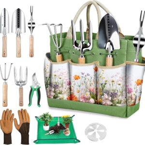 Garden Tools 29Pcs Heavy Duty Gardening Hand Tools with Floral Organizer Tote Bag, Rust-Proof Garden Tool Set, Thickened Repotting Mat, Gardening Gifts for Women Mom, Green