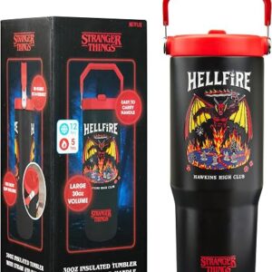 Get Trend Stranger Things Insulated Tumbler Flip Up Straw & Handle, Hellfire Metal Water Bottle 850ml, Thermal Double Wall Vacuum, Hot & Cold Drinks (Black/Red Stranger Things)