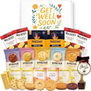 Get Well Soon Hamper Bundle With Herbal Teas x4, TrueStart Coffee Bags x2, English Breakfast Tea x2, Individually Wrapped Border Biscuits x5, Hot Chocolate Stirrer and Walkers Shortbread x4