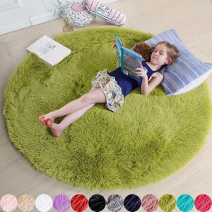 Grass Green Fluffy Shag Circle Rug for Bedroom, Kids Room, Classroom, Nursery, Living Room, Dorm, and Apartment Decor