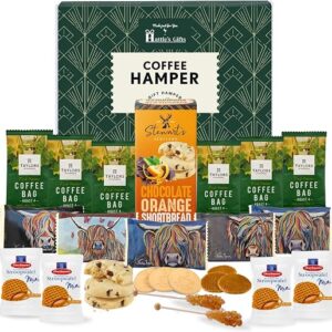 Hattie’s Gifts Coffee Gift Set – Taylors Coffee Bags, Shortbread Biscuits, Caramel Stroopwafels & Swizzle Sticks – Luxury Food Hamper for Men and Women