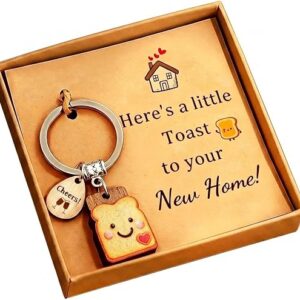 Here's a Little Toast to Your New Home Keychain, Cute Wooden Toast Keyring with Good Luck Charm, Housewarming Gifts New Home Gift for Couples, Congratulations Gifts for New Home Owners Funny Keyring