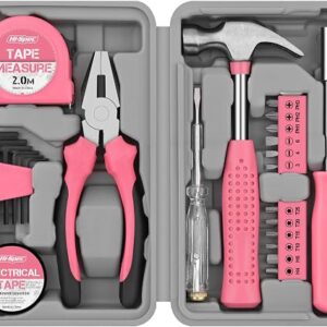 Hi-Spec Pink Small Tool Kit for Home DIY, Repairs & Crafts – 24pc Lady Tool Set with Mini Hammer, Pliers, Screwdriver Set, Hex Keys & Tape Measure in Compact Tool Box Case – Gift for Women