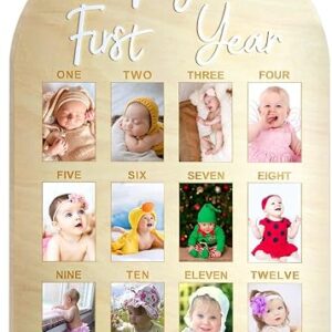 hongpar One Year Birthday Wooden Photo Board My First Year Milestone Photo Board 12 Monthly Picture Frame Baby First year Wood Acrylic Sign 1st Birthday Decorations Baby Keepsake Gift