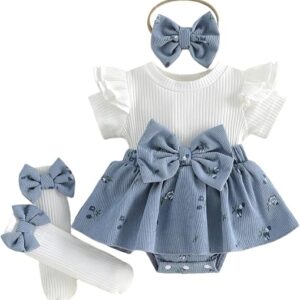 Infant Baby Girls Summer Clothes Outfits Flower Print Faux Two-piece Design Short Sleeve Romper Dress Bow Headband and Stockings Set 3Pcs