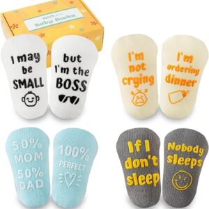 INNObeta Baby Socks Set with Funny Quotes (4 Pairs) Newborn/Girls/Boys/Infant Gifts for Baby Shower, Gender Reveal, Christmas, New Parents – 3-12 Months