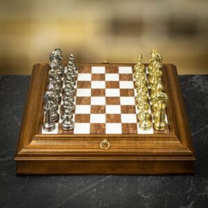 Italfama Flowered Metal Chess Pieces + Wooden Chess Board with Marble Top and Chess Compartment - Large - can be Engraved or Personalised