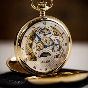 Jean Pierre Double Hunter Multi Dial Skeleton Pocket Watch - Gold Plated - can be Engraved or Personalised