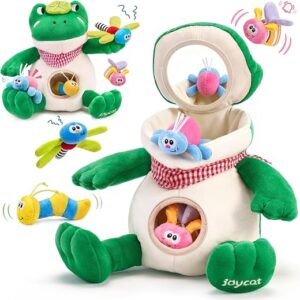 JoyCat Baby Toys 3-18 Months, Frog Montessori Toy with 4 Sensory Insects, Rattle, Crinkle, Squeaker & Baby Mirror for Tummy Time, Soft Stuffed Animal Toy for Infants Newborn Boy & Girl Gifts