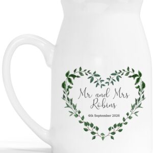 Just Married Flower Vase - Personalised Wedding Gift Ceramic Customised Milk Jug - Eucalyptus Leaf Heart Wreath 2nd Anniversary China Married Couple Keepsake - White 450ml