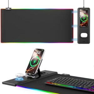 KDD RGB Gaming Mouse Pad with Foldable Phone Holder - Wireless Charging Desk Mat 15W - Computer Keyboard Mat with Ultra-Smooth Surface, Non-Slip Base - for Home Office Gamer Desk Accessories