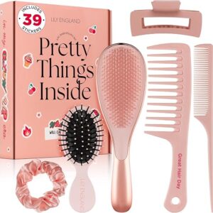 Lily England Detangle Hair Brush for Thick, Curly & Straight Hair - Fun Stocking Fillers for Teenage Girls & Kids with Decorative Stickers - Teenage Girl Gift (Rose Gold, 6 Pack + 39 Stickers)