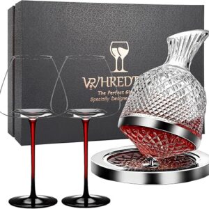 Luxury Wine Decanter Set with 2 Lead-Free Crystal Glasses - 1500ml 360° Rotating & Fast Aeration, Red Wine Carafe Gift for Wedding, Anniversary, Retirement, Wine Buffs