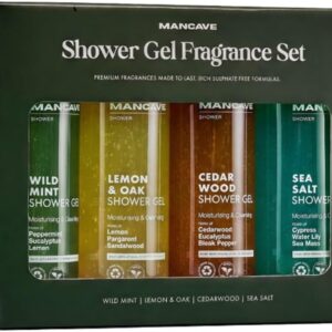 Mancave Men's Ultra-Premium Shower Gel Fragrance Gift Set, 4 x 500ml Natural Sulphate Free Shower Gels: Wild Mint, Lemon & Oak, Cedarwood and Sea Salt fragrances, Vegan Friendly, Packaging May Vary