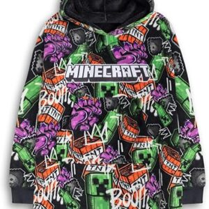 Minecraft Creeper Boys Multicoloured Blanket Hoodie | Cosy Fleece for Lounging & Wearing | Long Sleeve Hooded Design | Gaming Themed Loungewear | Kids Merchandise Merch