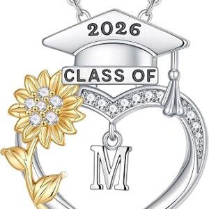 M MOOHAM Graduation Gift for Her - 2026 Sunflower Initial Necklaces Heart Initial A-Z Pendant Necklace for Womens Girls Graduate Necklace Sunflower Friendship Gifts for Women Graduation Gift for Her