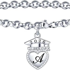 M MOOHAM Graduation Gift for Her 2026 - Silver Initial A-Z Heart Bracelets for Women Friends Prom Gifts for Girls 2026 High School College Graduation Gifts for Daughter