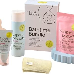 My Expert Midwife Mum & Baby Bathtime Bundle, Including No Harm Baby Bottom Balm 30ml, Gentle Cleansing Wash 200ml & Soak for Bits Premium Bath Salts 75g