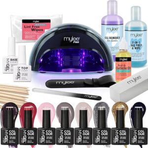Mylee The Full Works Gel Nail Polish LED Lamp Kit, 8x MYGEL Colours, Top & Base Coat, Mylee PRO Salon Series Convex Curing LED Lamp, Prep & Wipe, Gel Remover (Autumn/Winter - Black Lamp)