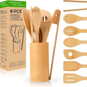 Naturoom Kitchen Utensils Set of 8 PCS, 12Inches Bamboo Wooden Cooking Spoon & Spatula Tools Perfect for Non-Stick Cookware (Bamboo 12inches)