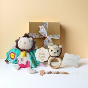 Newborn Baby Gift Set, 5 in 1 Leo Comforter Sets with Handmade Wooden Rattle Dummy Clip Milestone Cards Baby Shower Gifts for Baby 0-6Months Unisex Baby Gift Set Baby Gift Hamper Essentials Gift Sets