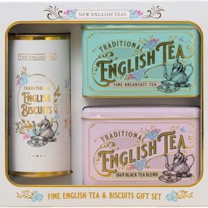 New English Teas Vintage Victorian Tea & Biscuits Gift Set with 80 Fine English Teabags, 2 Tea Caddies and Luxury Cornish Biscuits