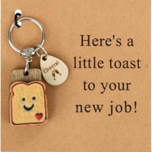 New Job Keychain Gift, Good Luck Wood Toast Keyring Gifts with Bread Slice Pendant for Congratulations Coworker Teacher Retirement Woman For Beginnings Farewell Going Away Leaving Housewarming
