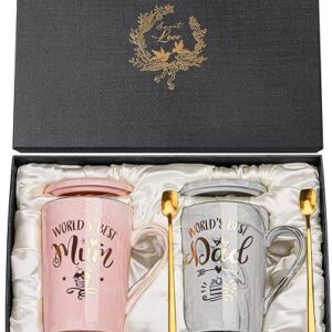 New Parents Gifts, Mum and Dad Mugs, New Mummy and Daddy Gifts, Anniversary Birthday Gift from Daughter Son, 14OZ Gold Print Ceramic Coffee Cup Set with Spoon Lid Card, Nice Gift Box